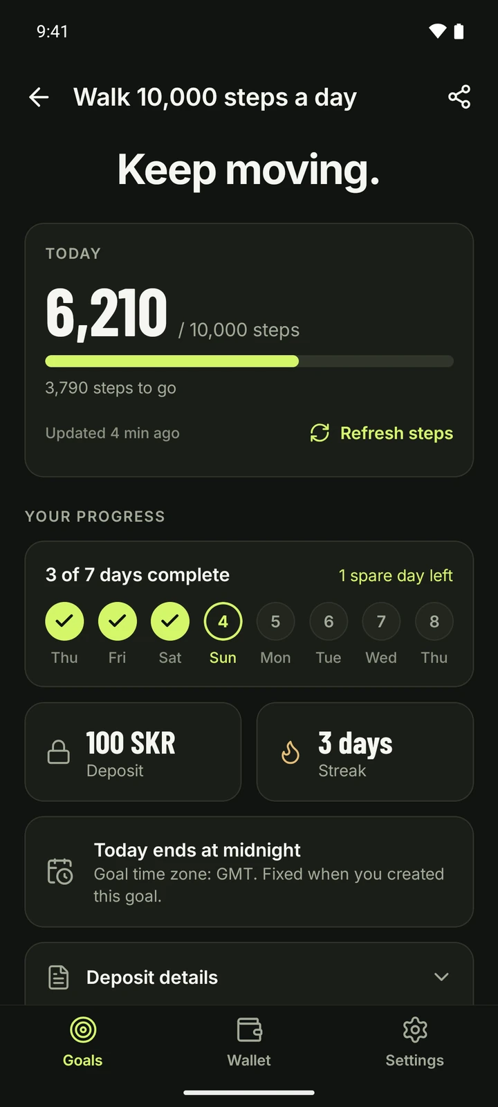 Lock-In app showing a step goal: 6,210 of 10,000 steps today, 3 of 7 days complete and 1 spare day left.
