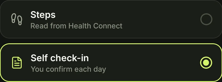 Choosing how a goal is verified in the app: Steps, read from Health Connect, or Self check-in, you confirm each day.